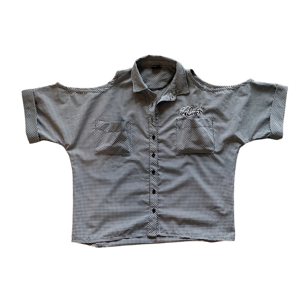 Von Dutch Black and White Gingham Short Sleeve Button-Up Blouse